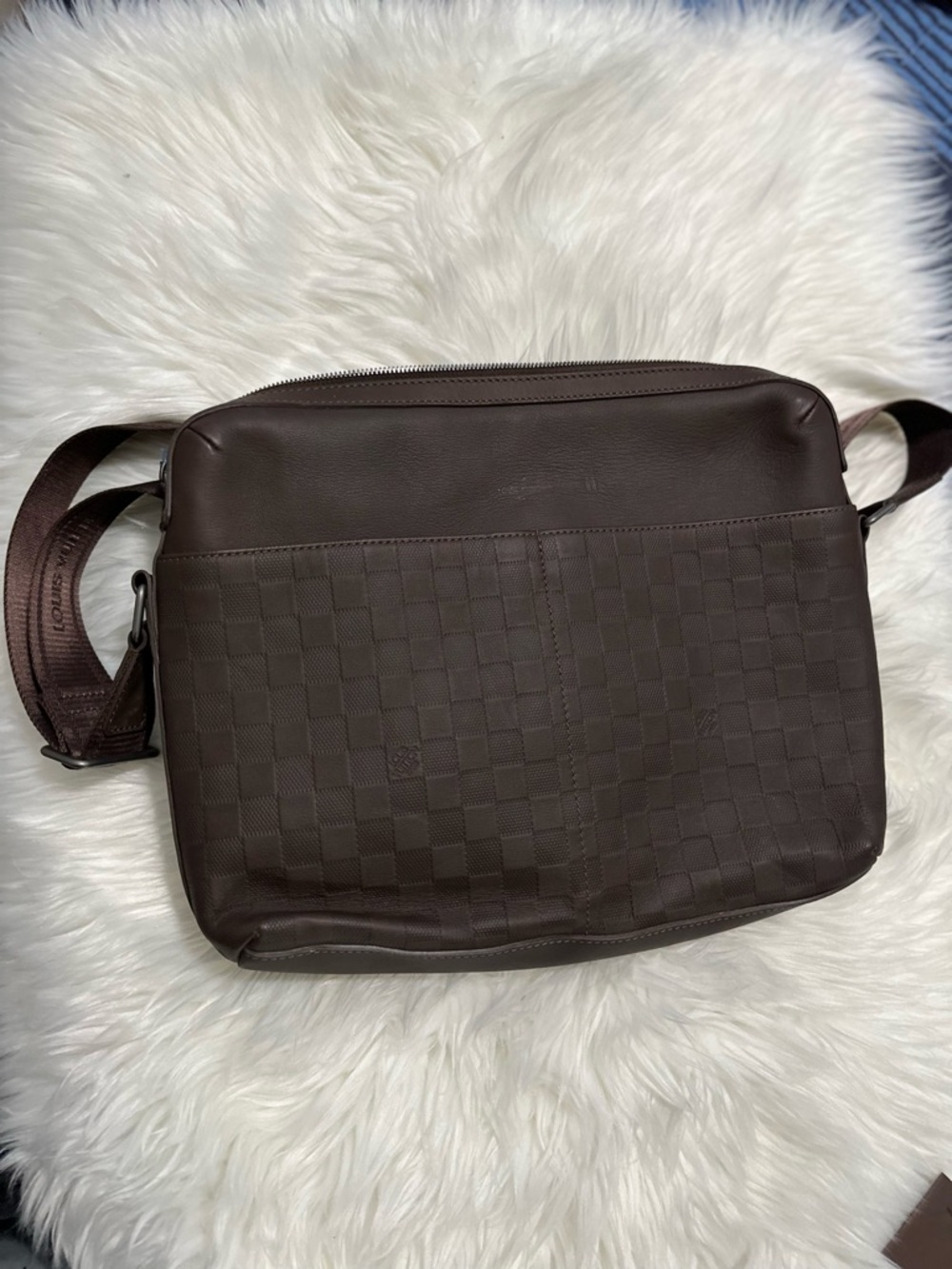 Louis Vuitton Men's Dark Brown Leather Crossbody Bag - Classic Checker Design